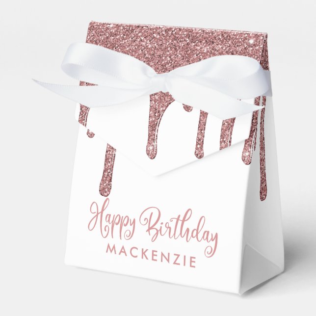 Elegant Rose Gold Sparkle Glitter Drips Birthday Favor Boxes (Front Side)