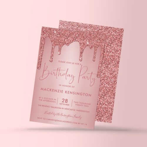 Elegant Rose Gold Sparkle Glitter Drips Birthday Invitation