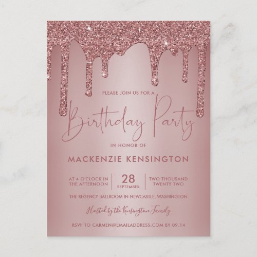 Elegant Rose Gold Sparkle Glitter Drips Birthday Postcard