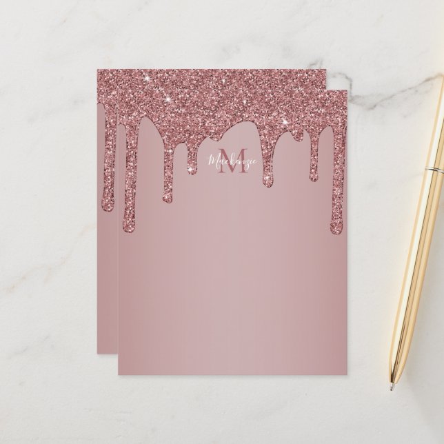Elegant Rose Gold Sparkle Glitter Drips Monogram (Front/Back In Situ)