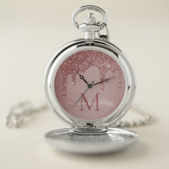 Elegant Rose Gold Sparkle Glitter Drips Monogram Pocket Watch (Inside)