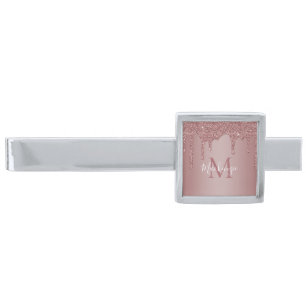Elegant Rose Gold Sparkle Glitter Drips Monogram Silver Finish Tie Bar