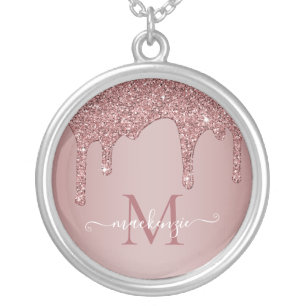 Elegant Rose Gold Sparkle Glitter Drips Monogram Silver Plated Necklace