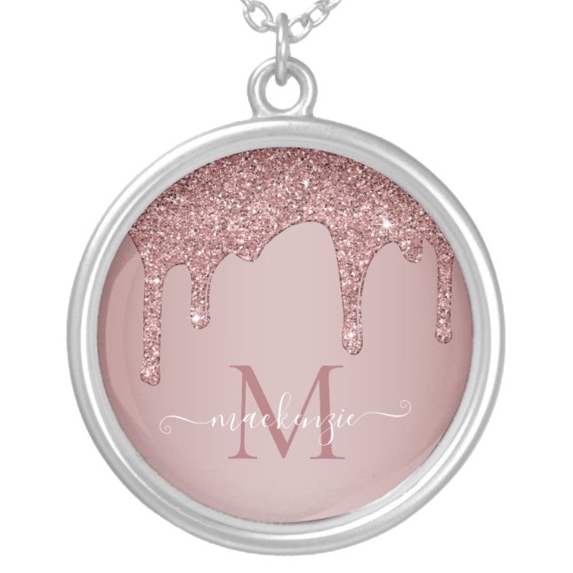 Elegant Rose Gold Sparkle Glitter Drips Monogram Silver Plated Necklace (Front)