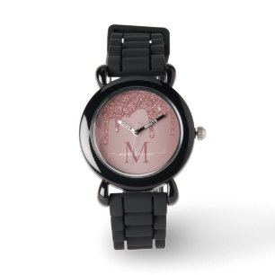 Elegant Rose Gold Sparkle Glitter Drips Monogram Watch