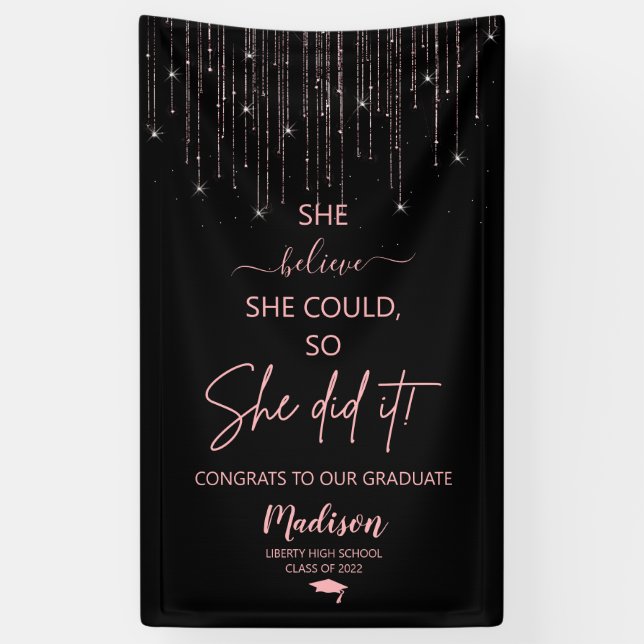 Elegant Rose Gold Sparkling Glitter Graduation Banner (Vertical)