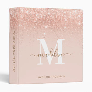 Elegant Rose Gold Sparkling Glitter Monogram 3 Ring Binder