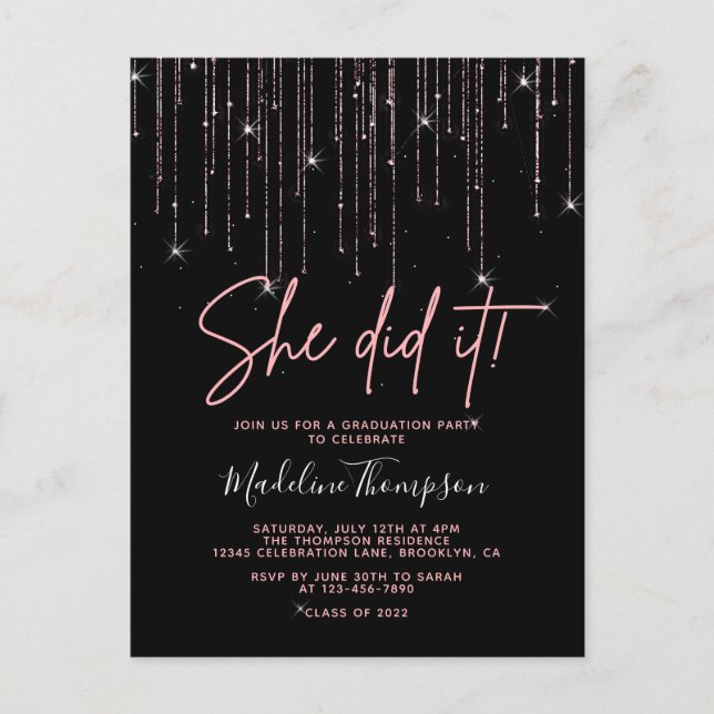 Elegant Rose Gold Sparkling She did it Graduation  Postcard (Front)