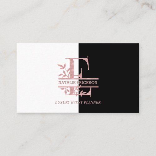 Elegant Rose Gold Split Custom Monogram Letter E Business Card