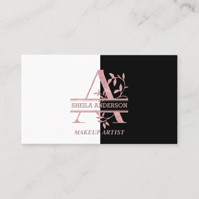 Elegant Rose Gold Split Custom Monogram Logo Business Card (Front)