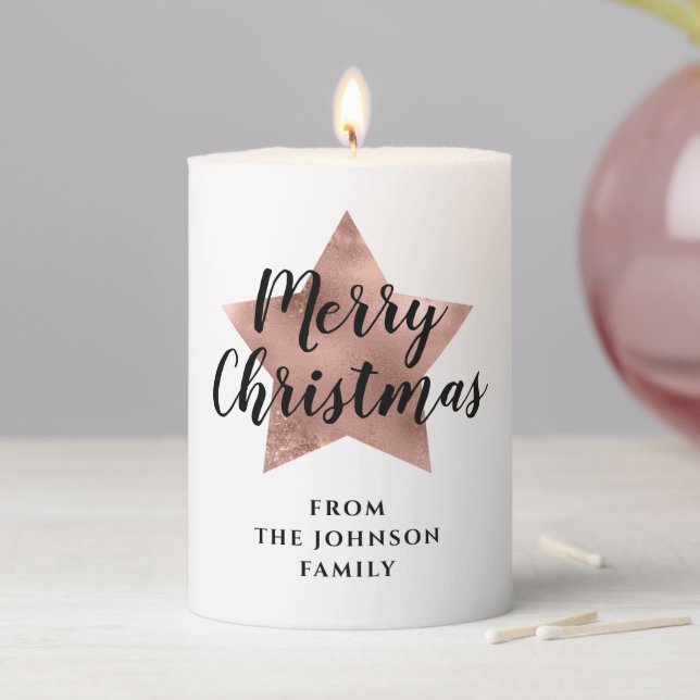 Elegant Rose Gold Star Christmas Pillar Candle (In Situ)