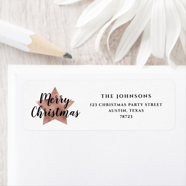 Elegant Rose Gold Star Christmas Return Address Label (Insitu)
