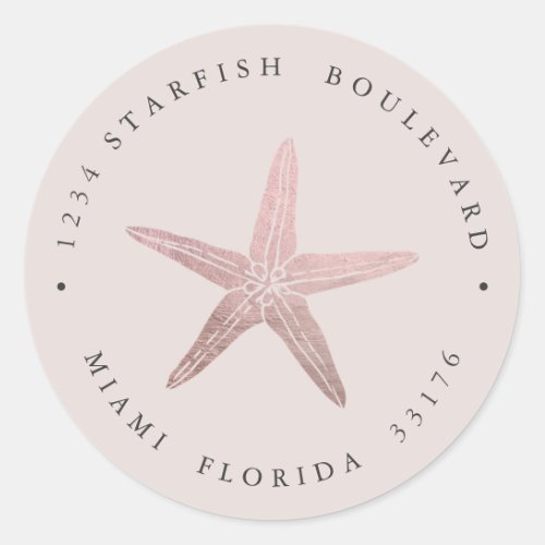 Elegant ROSE GOLD Starfish coastal Return address Classic Round Sticker