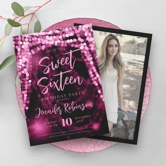 Elegant Rose Gold String Lights Photo Sweet 16   Invitation (Elegant Rose Gold String Lights Photo Sweet 16 Invitation)
