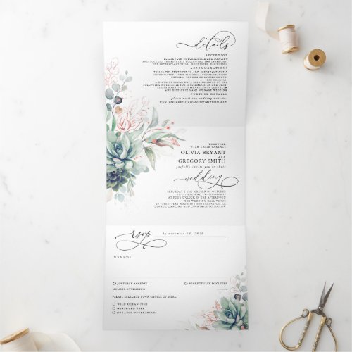 Elegant Rose Gold Succulents Greenery Wedding Tri_Fold Invitation