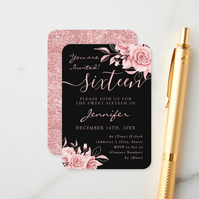 Elegant Rose Gold Sweet 16 Glitter Floral Black Enclosure Card (Front/Back In Situ)