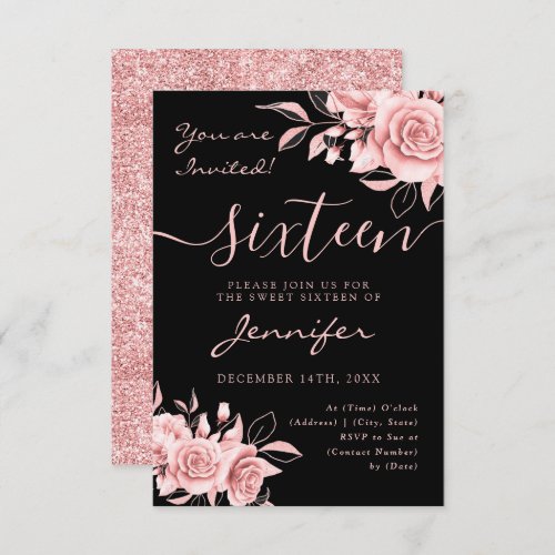 Elegant Rose Gold Sweet 16 Glitter Floral Black RSVP Card