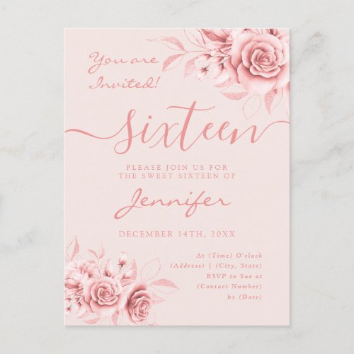 Elegant Rose Gold Sweet 16 Glitter Floral Blush  Announcement Postcard