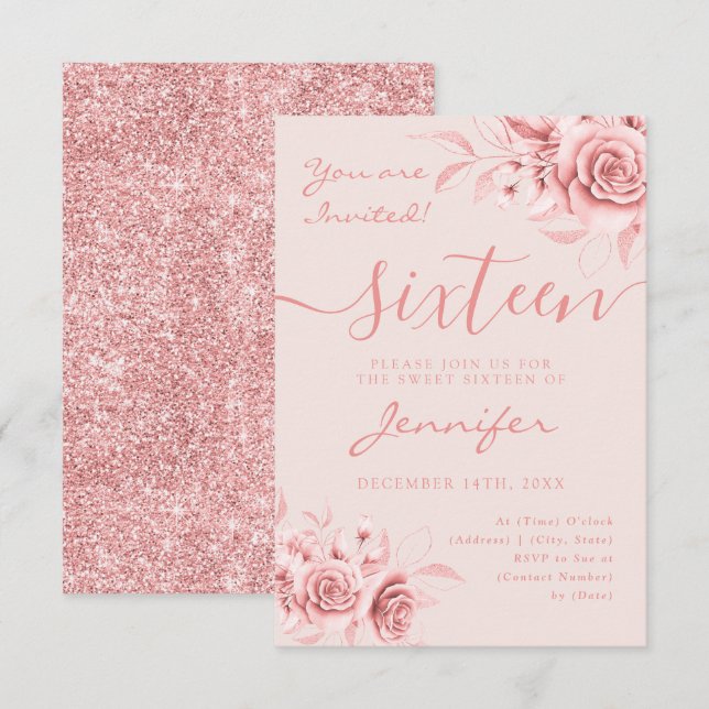 Elegant Rose Gold Sweet 16 Glitter Floral Blush  RSVP Card (Front/Back)