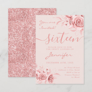 Elegant Rose Gold Sweet 16 Glitter Floral Blush  RSVP Card