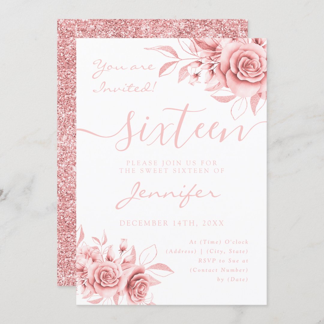 Elegant Rose Gold Sweet 16 Glitter Floral Invitation | Zazzle