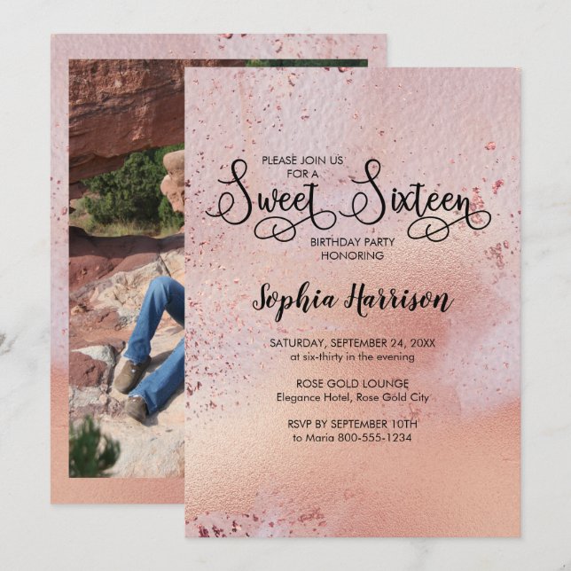Elegant Rose Gold Sweet 16 Photo Invitation (Front/Back)