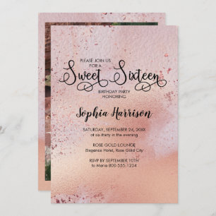 Elegant Rose Gold Sweet 16 Photo Invitation