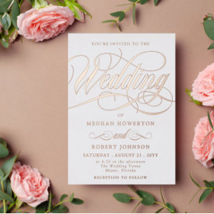 Elegant Rose Gold Swirl Calligraphy Wedding Foil Invitation