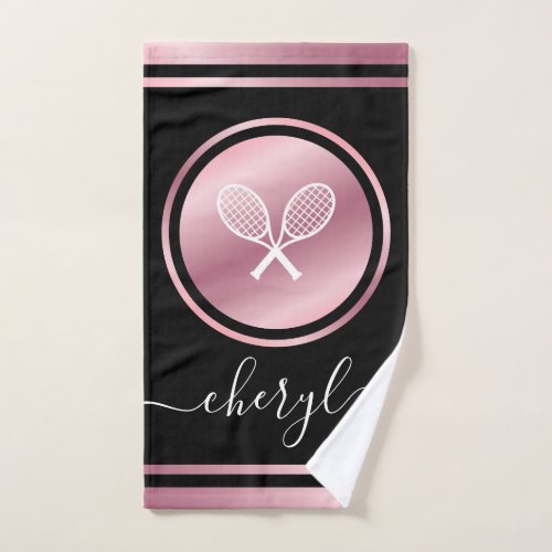 Elegant Rose Gold Tennis Girl Player Coach Name Hand Towel