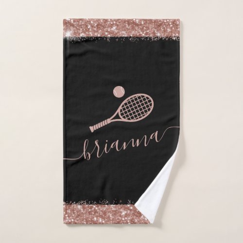 Elegant Rose Gold Tennis Pink Glitter Name Hand Towel