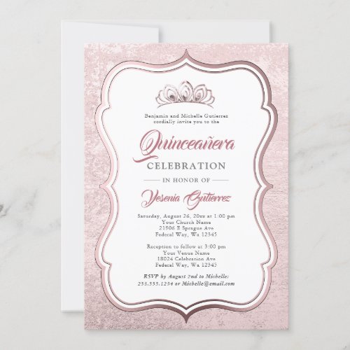 Elegant Rose Gold Tiara Quinceaera  Invitation