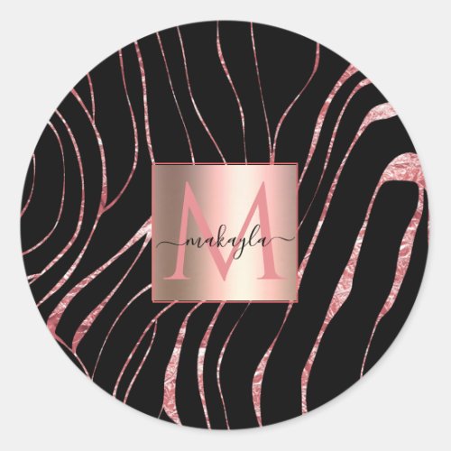 Elegant Rose Gold Tiger Striped Black Classic Round Sticker