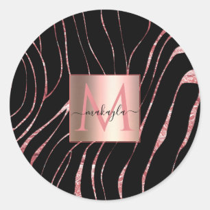 Elegant Rose Gold Tiger Striped Black Classic Round Sticker