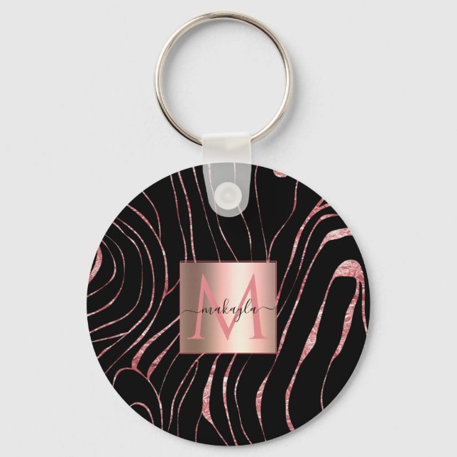 Elegant Rose Gold Tiger Striped Black Keychain (Front)