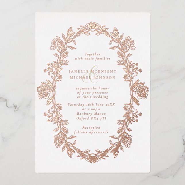 Elegant Rose Gold Toile Floral Wreath Wedding Foil Invitation (Front)