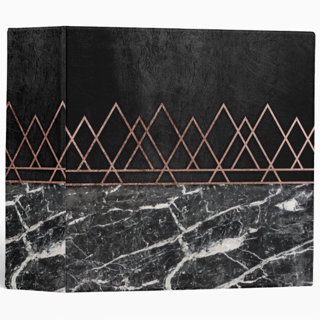 Elegant Rose Gold Triangles & Black & White Marble 3 Ring Binder (Front/Spine)