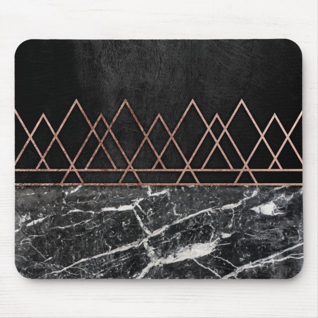 Elegant Rose Gold Triangles & Black & White Marble Mouse Pad (Front)