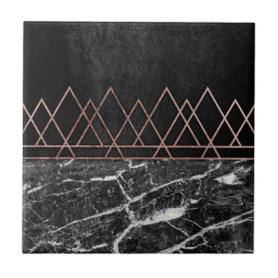 Elegant Rose Gold Triangles & Black & White Marble Tile