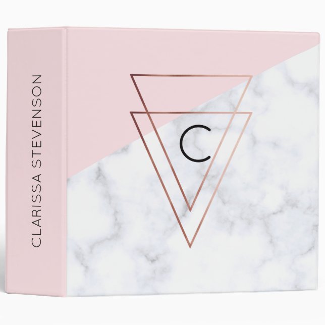 elegant rose gold triangles white marble pink 3 ring binder (Front/Spine)