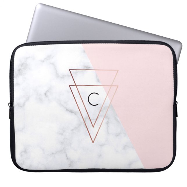 elegant rose gold triangles white marble pink laptop sleeve (Front)