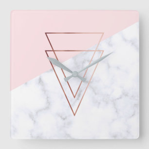 elegant rose gold triangles white marble pink square wall clock
