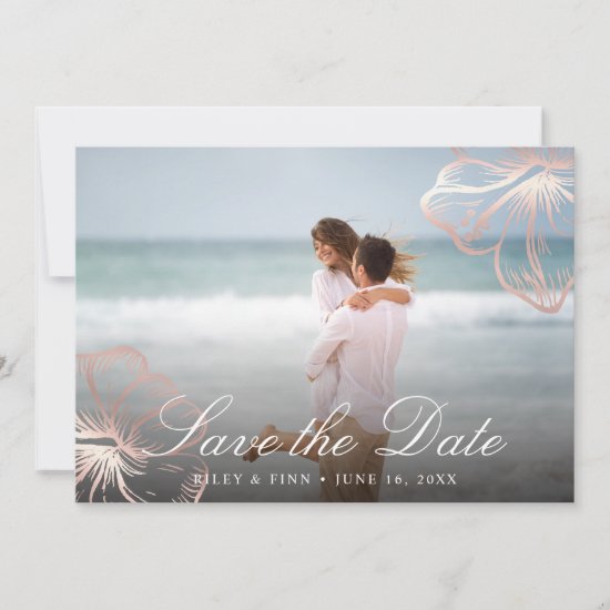 Elegant Rose Gold Tropical Hibiscus Floral Photo Save The Date
