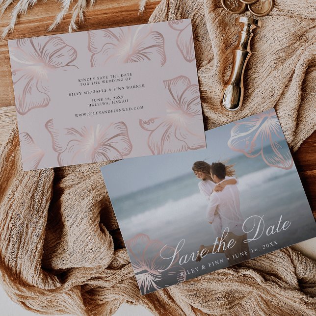 Elegant Rose Gold Tropical Hibiscus Floral Photo Save The Date (Creator Uploaded)
