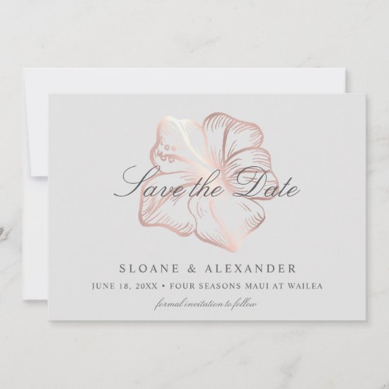 Elegant Rose Gold Tropical Hibiscus Flower Wedding Save The Date
