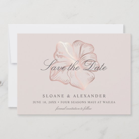 Elegant Rose Gold Tropical Hibiscus Flower Wedding Save The Date