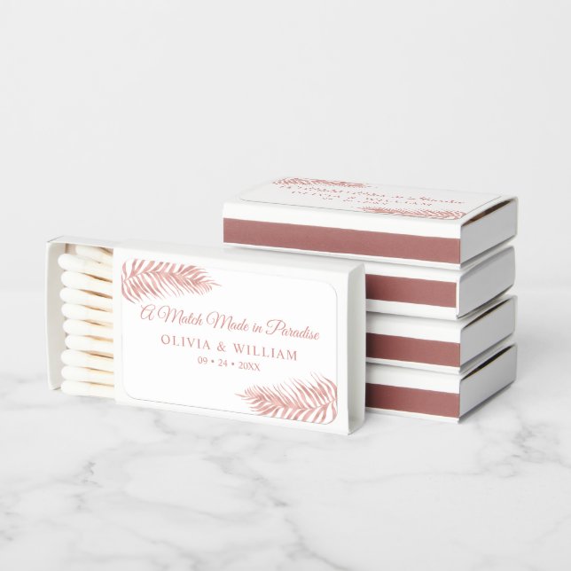 Elegant Rose Gold Tropical Palm Leaf Wedding Matchboxes (Stacked)