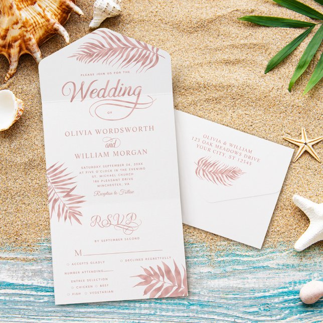 Elegant Rose Gold Tropical Wedding All In One Invitation (Creator Uploaded)