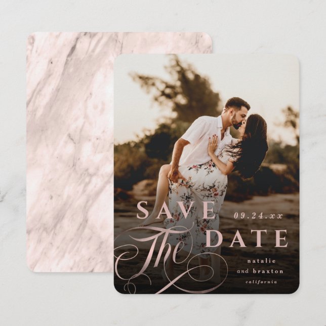 Elegant Rose Gold Typography & Marble Back Photo Save The Date (Front/Back)