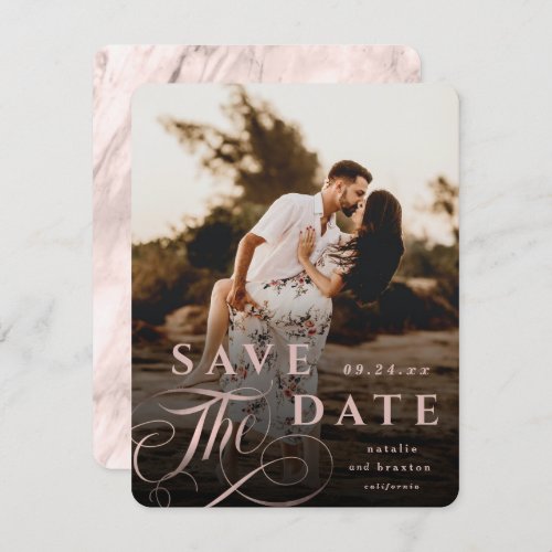 Elegant Rose Gold Typography  Marble Back Photo Save The Date