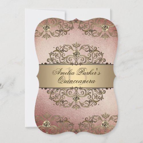 Elegant Rose Gold Vintage Damask Quinceanera Invitation